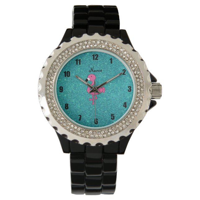 Personalised name pink flamingo turquoise glitter watch (Front)