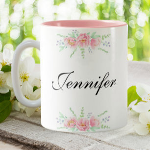 Personalised Name Pink Floral Custom Coffee Two-Tone Coffee Mug