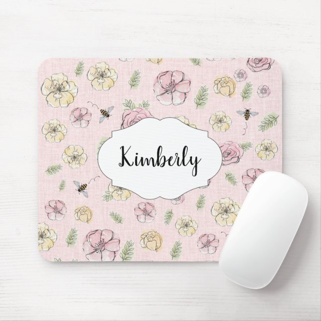 Personalised Name Pink Floral Mouse Mat (With Mouse)