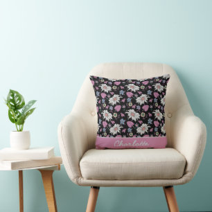 Personalised name pink floral seamless pattern cushion