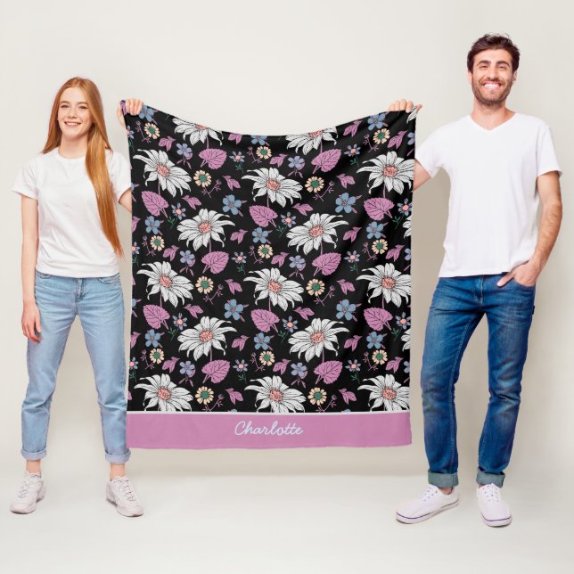 Personalised name pink floral seamless pattern fleece blanket (In Situ)