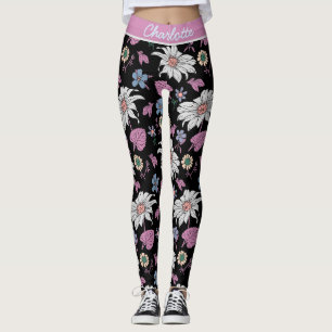 Personalised name pink floral seamless pattern leggings