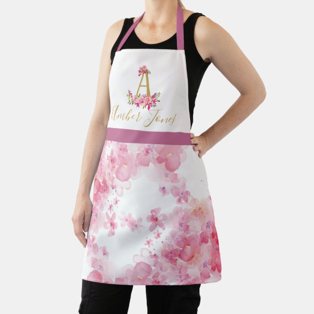 Personalised name pink flowers floral baking apron (Insitu)