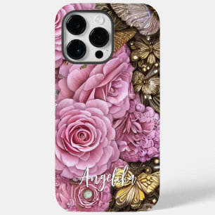 Personalised Name Pink Flowers Gold Butterflies Case-Mate iPhone 14 Pro Max Case