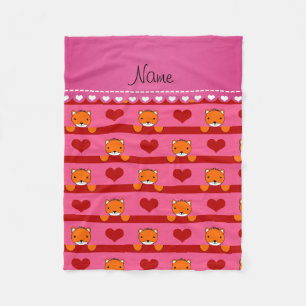Personalised name pink foxes red hearts stripes fleece blanket