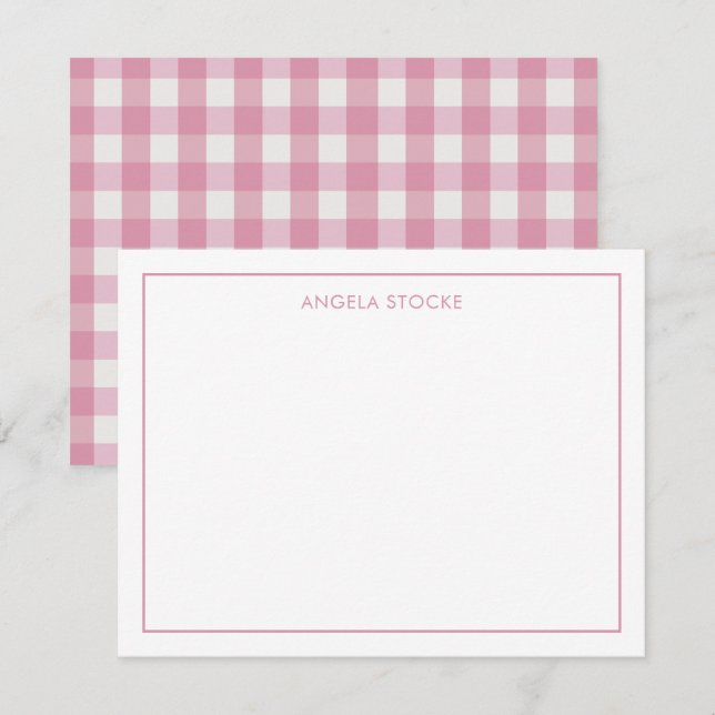 Personalised Name Pink Gingham Note Card (Front/Back)