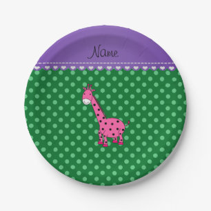 Personalised name pink giraffe green polka dots paper plate