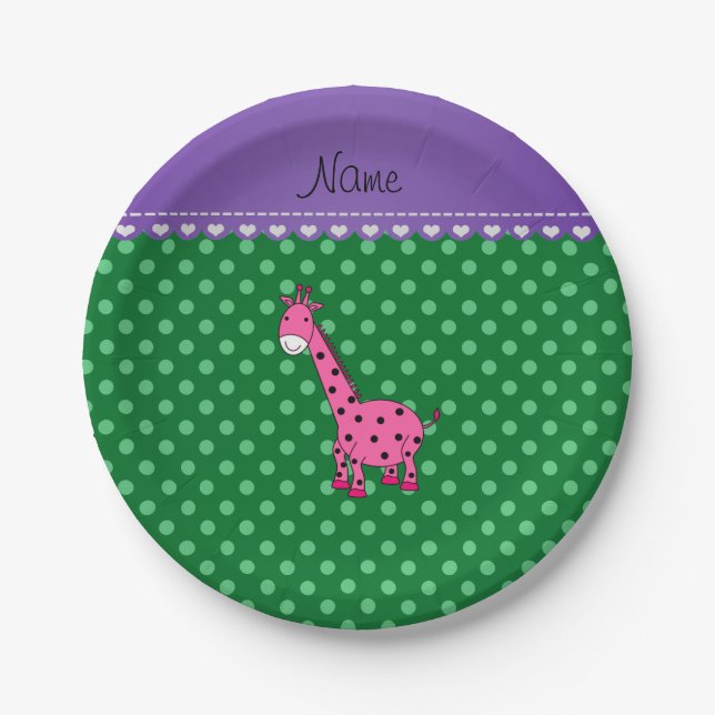 Personalised name pink giraffe green polka dots paper plate (Front)