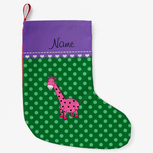 Personalised name pink giraffe green polka dots small christmas stocking (Front)