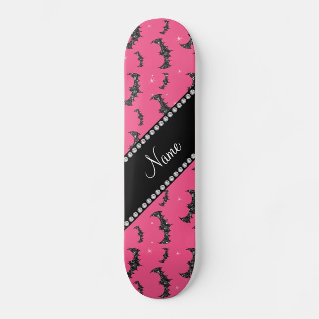 Personalised name pink glitter bats skateboard (Front)