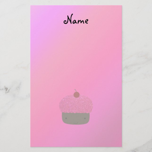 Personalised name pink glitter cupcake stationery (Front)