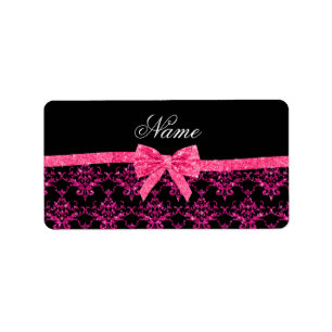 Personalised name pink glitter damask pink bow label