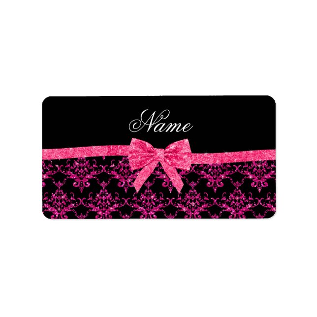 Personalised name pink glitter damask pink bow label (Front)