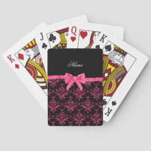 Personalised name pink glitter damask pink bow playing cards