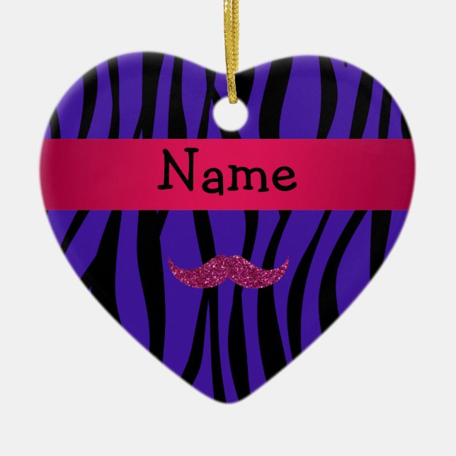 Personalised name pink glitter mustahce ceramic tree decoration (Front)