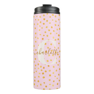 Personalised Name Pink Gold Confetti Polka Dots Thermal Tumbler