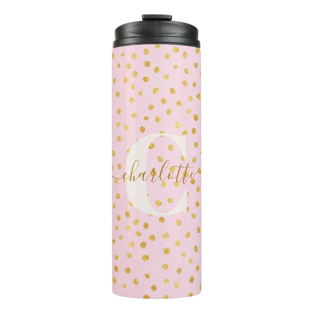 Personalised Name Pink Gold Confetti Polka Dots Thermal Tumbler (Front)