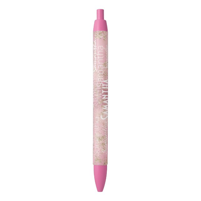 Personalised Name Pink Gold Glitter Black Ink Pen (Front Vertical)