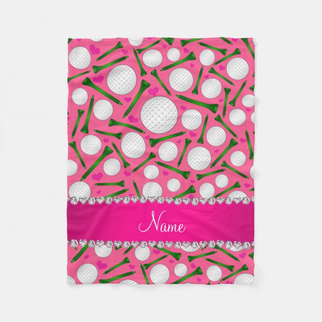 Personalised name pink golf balls tees hearts fleece blanket (Front)