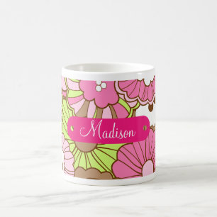 Personalised Name Pink Green Flowers Pattern Coffee Mug