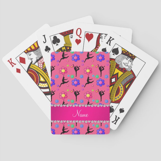Personalised name pink gymnastics flowers playing cards (Back)