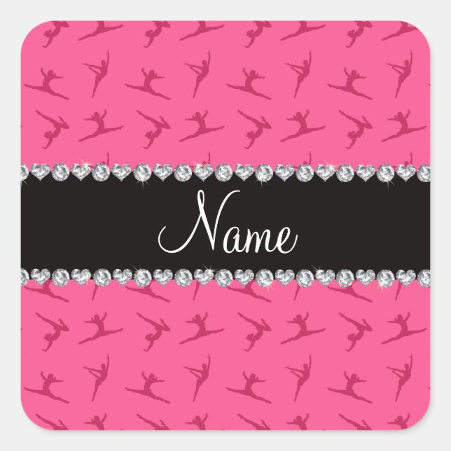 Personalised name pink gymnastics pattern square sticker (Front)