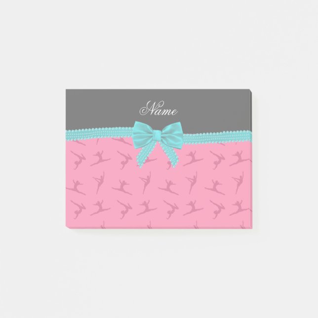 Personalised name pink gymnastics turquoise bow post-it notes (Front)