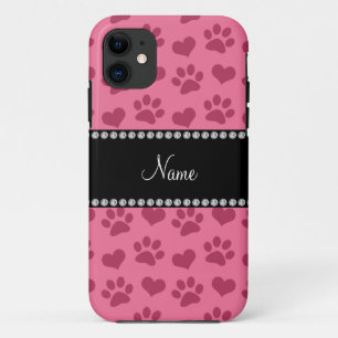 Personalised name pink hearts and paw prints iPhone 11 case