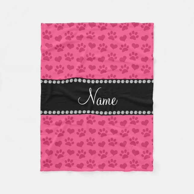 Personalised name pink hearts and paw prints fleece blanket (Front)