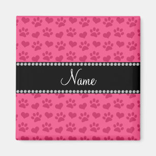 Personalised name pink hearts and paw prints magnet