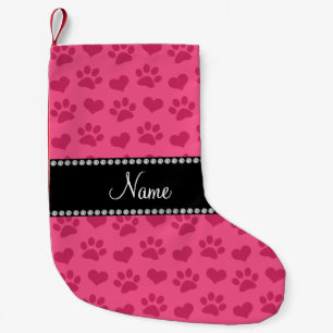 Personalised name pink hearts and paw prints small christmas stocking
