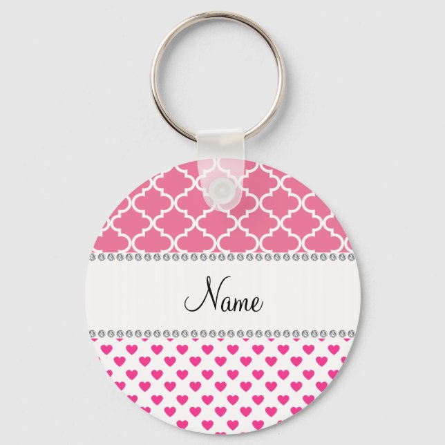 Personalised name pink hearts pink moroccan key ring (Front)
