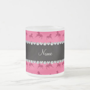 Personalised name pink horse pattern frosted glass coffee mug