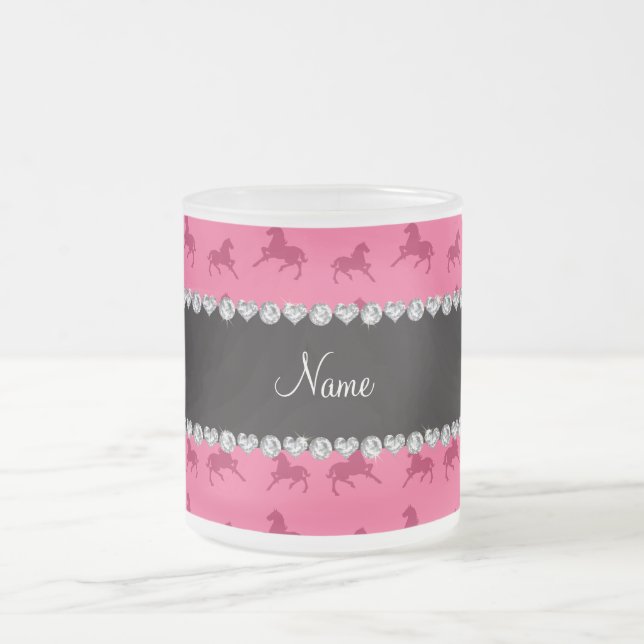 Personalised name pink horse pattern frosted glass coffee mug (Center)