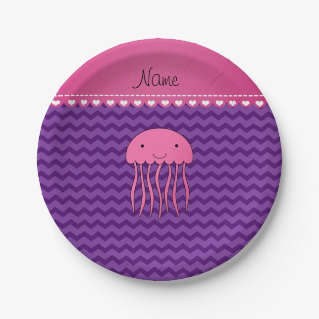 Personalised name pink jellyfish purple chevrons paper plate (Front)