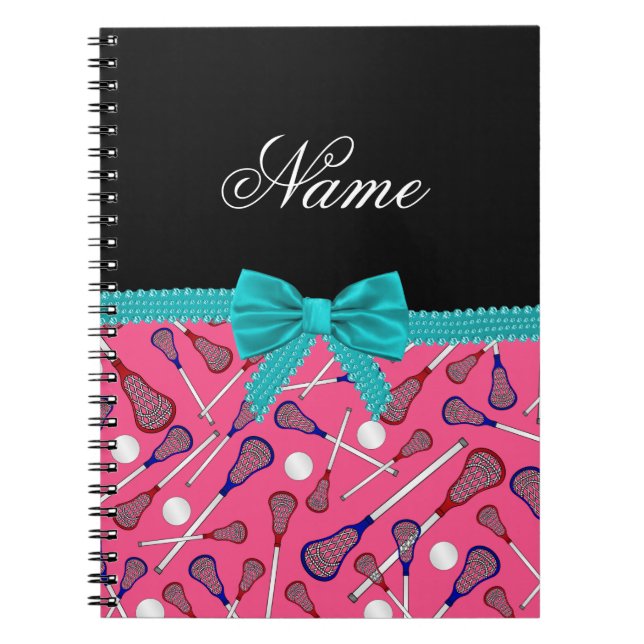 Personalised name pink lacrosse turquoise bow notebook (Front)