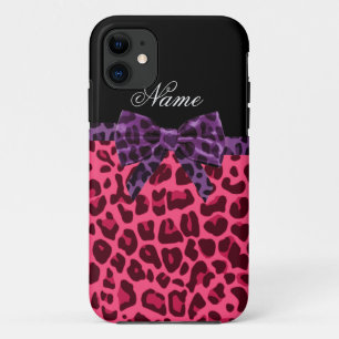 Personalised name pink leopard pattern purple bow iPhone 11 case