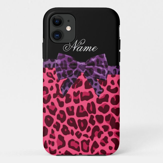 Personalised name pink leopard pattern purple bow Case-Mate iPhone case (Back)