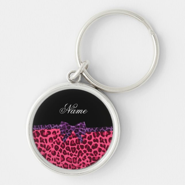 Personalised name pink leopard pattern purple bow key ring (Front)