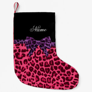 Personalised name pink leopard pattern purple bow small christmas stocking
