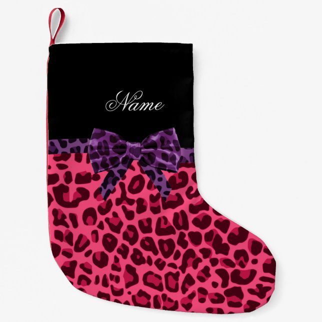 Personalised name pink leopard pattern purple bow small christmas stocking (Front)