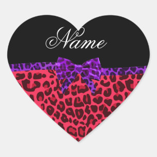 Personalised name pink leopard print purple bow heart sticker