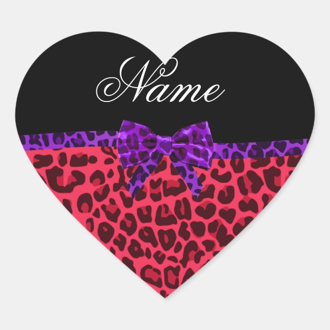 Personalised name pink leopard print purple bow heart sticker (Front)