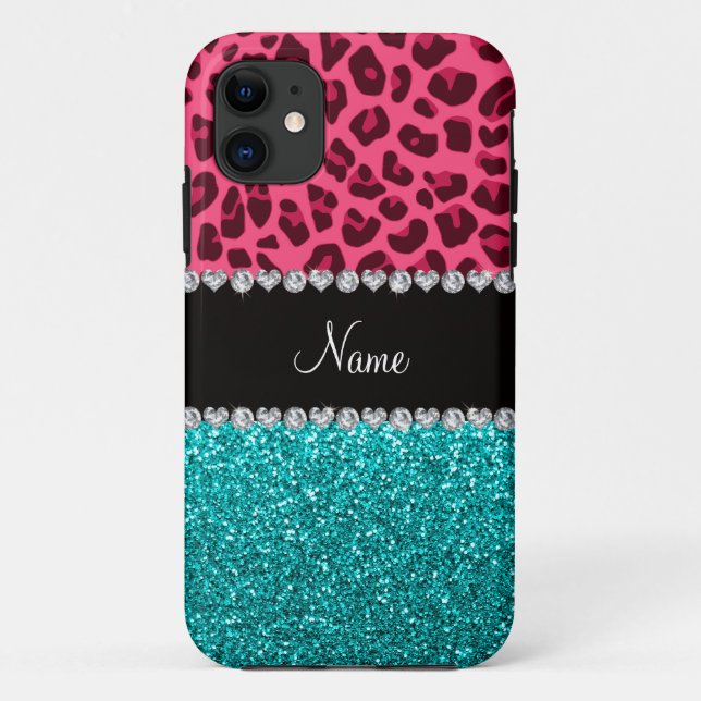 Personalised name pink leopard turquoise glitter Case-Mate iPhone case (Back)