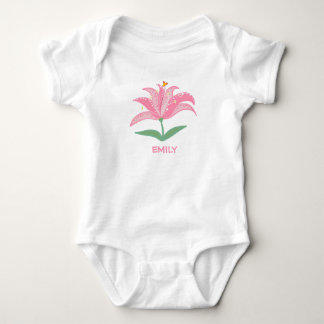 Personalised name pink lily flower baby bodysuit