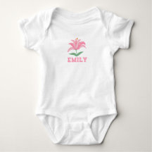 Personalised name pink lily flower baby bodysuit