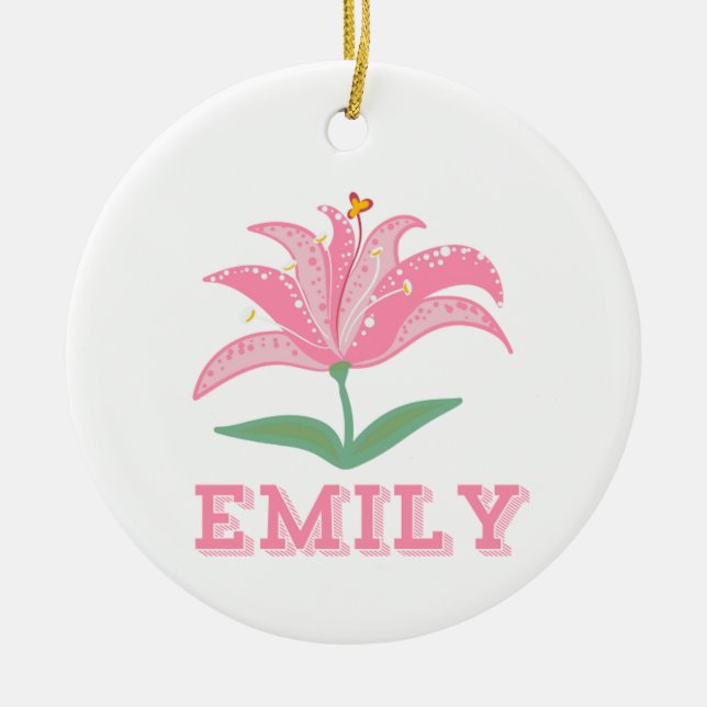 Personalised name pink lily flower baby ceramic tree decoration (Front)