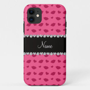 Personalised name pink lips and hearts pattern iPhone 11 case