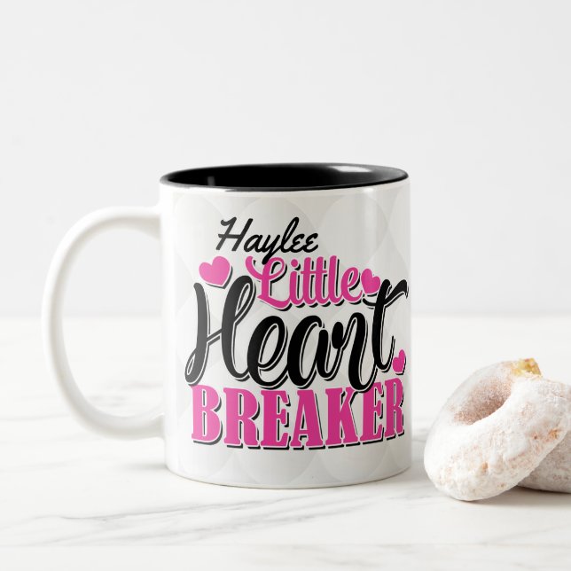Personalised NAME Pink Little Heart Breaker Two-Tone Coffee Mug (With Donut)