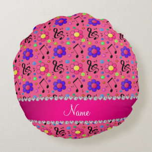 Personalised name pink music notes flowers round cushion